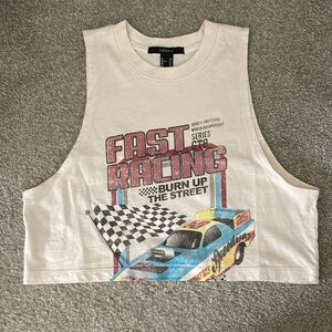 Cream Muscle Tee with Racing Graphic